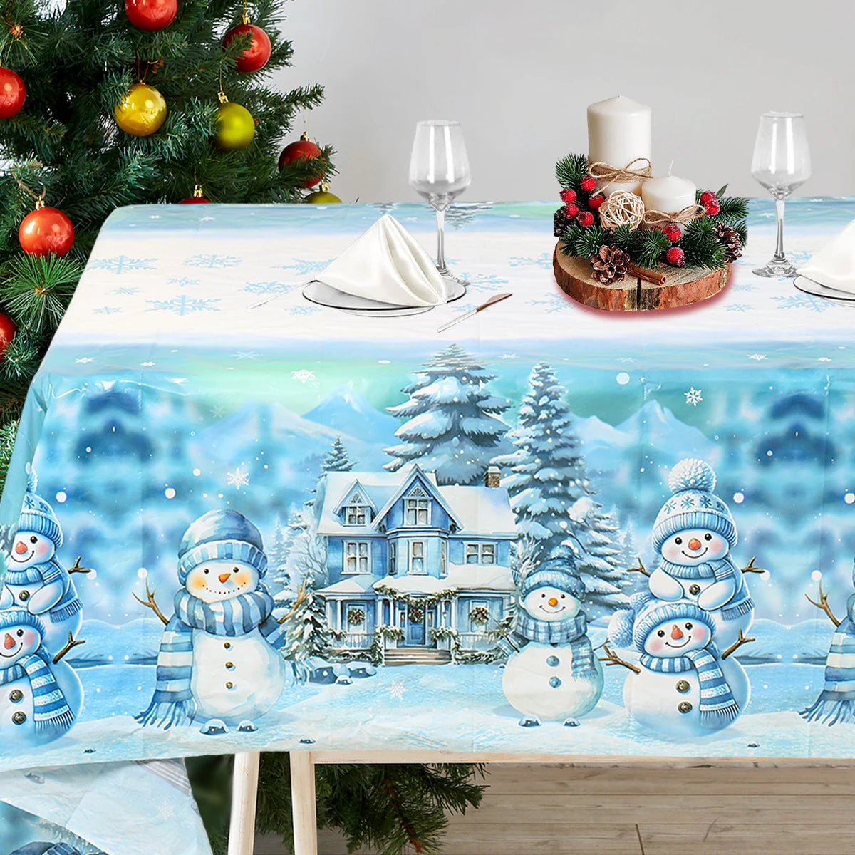 Christmas Blue Snowman Tablecloth